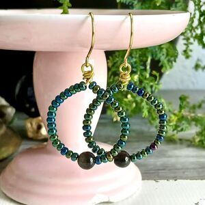 Obsidian Crystal Beaded Dangle Earrings, Metallic Seed Bead Jewelry 2"